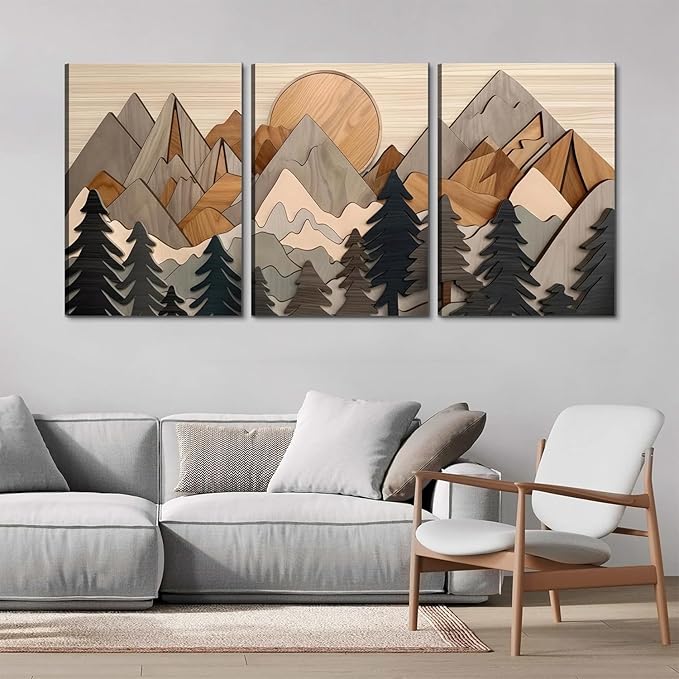 Set of 3 Mountain canvas Wall Art Large Forest Wall Decor pictures Woodcut Wooden Landscape poster Prints Abstract Landscape Nature Painting for Living Room Bedroom Office (12x16in canvas)