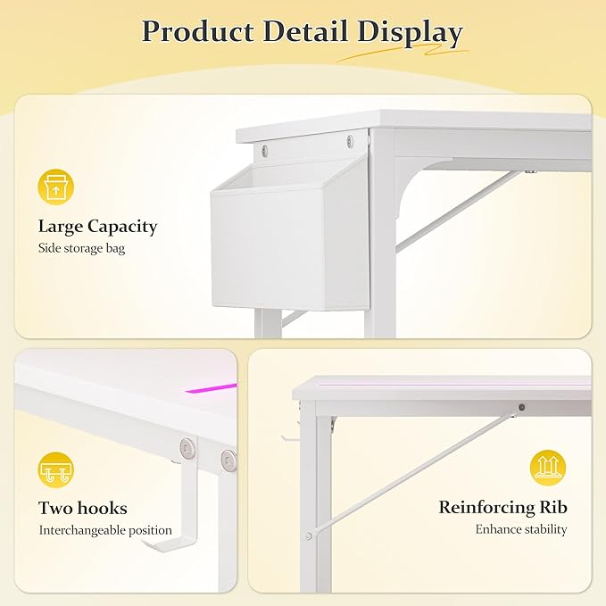 71 Inch Computer Desk with LED Lights, Office Desk for Home Office, Study Desk Writing Table with Storage Bag, Headphone Hook, White