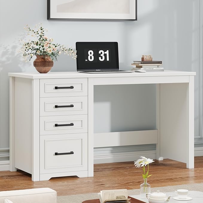 Vabches Farmhouse 49” Executive Desk with File Drawer, 4 Drawers Reversible Computer Desk with Storage, Rustic Home Writing Workstation for Home Office, Cream White