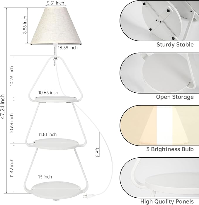 Floor Lamp with Small Round Side Table, 3-Tier Circular End Table with Storage Shelf, Round Corner Coffee Desk Nightstand for Living Room Bedroom Small Spaces, White