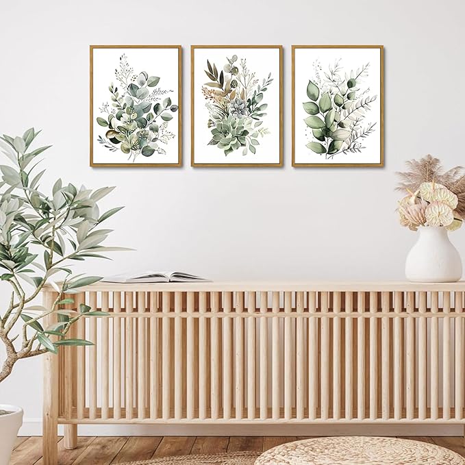 Bwodke Botanical Wall Art Plant Floral Watercolor Canvas Prints Set of 3 Framed Sage Green Painting Eucalyptus Leaf Picture Modern Minimalist Boho Decor Bedroom Bathroom Living Room 16"x24"