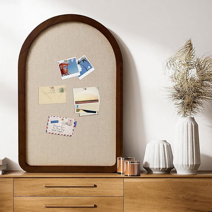 Vintage Framed Pin Board Linen Display Bulletin Board Large Cork Fabric Picture Photo Pinboard Memo Ornate Decorative Pinboard Ornate for Wall Gift(Arch,20'' X 30'',Farmhouse Brow)