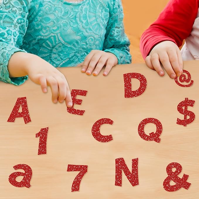 Colarr 216 Pcs Glitter Bulletin Board Letters for Classroom Number Alphabet Punctuation Symbol Cutout 4'' Die-Cut Poster Letter with Adhesive Dot School Party Holiday Decor Display(Red)
