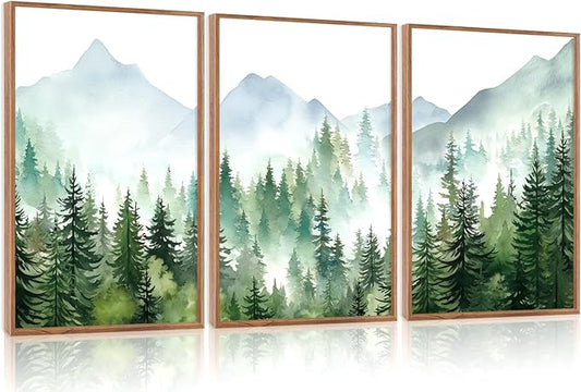 CHDITB Mountain Landscape Framed Canvas Wall Art(24"x36"), 3 Panels Boho Nature Forest Artwork Prints, Large Abstract Modern Green Pine Trees Art Decor for Bedroom Living Room Office