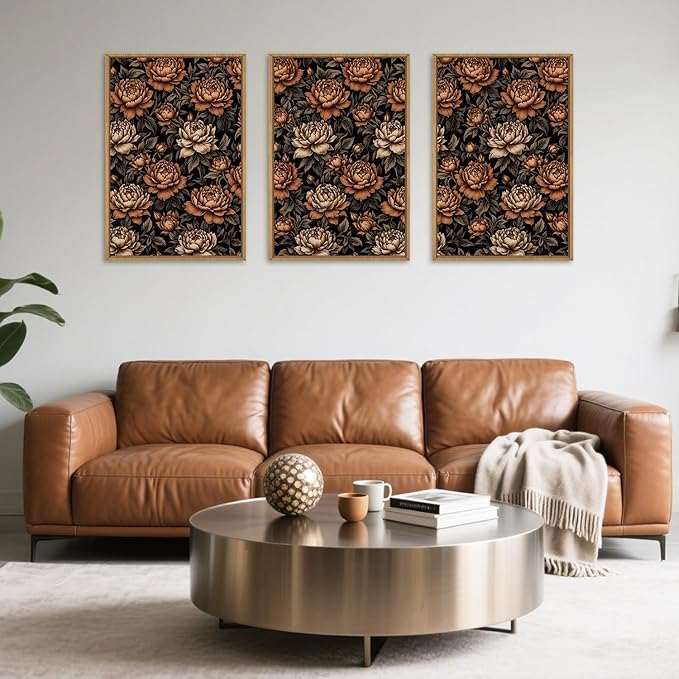 KAIRNE Moody Dark Floral Wall Art Set of 3, Vintage Flower Framed Canvas Prints, Mid Century Modern Botanical Artwork, Modern Colorful Decor for Living Room Bedroom Office, 16×24inch