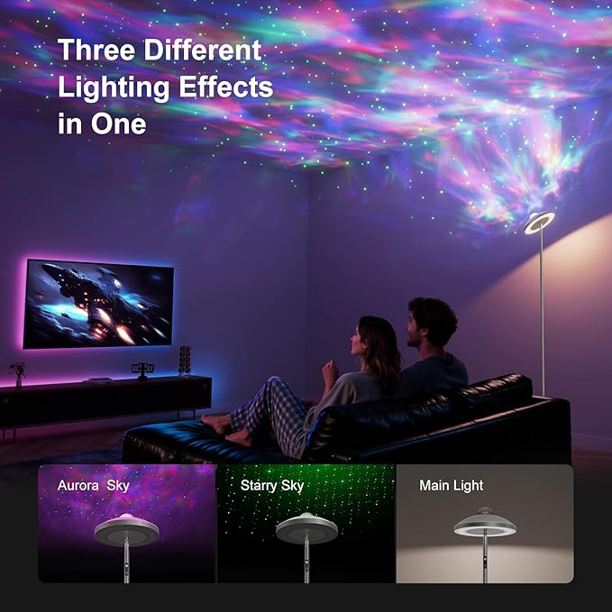 DUSKTEC Floor Lamp with RGB Star Projector, 15W 1400LM Dimmable 4 Color Temperatures LED Standing Lamp with Remote, Modern Tall Corner Lamp for Living Room, Bedroom, Office (Silver)
