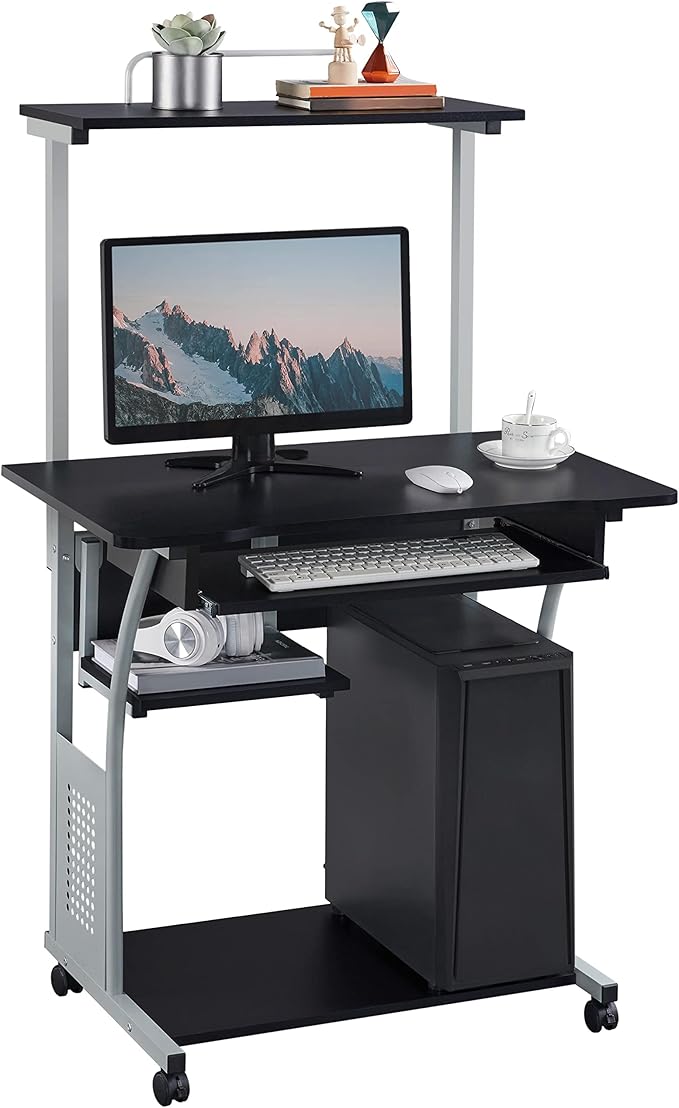 Topeakmart 3 Tier Computer Desk with Printer Shelf and Keyboard Tray, Home Office Desk Computer Workstation Rolling Study PC Laptop Table for Small Spaces Black