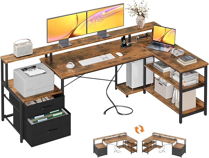 ODK 75" L Shaped Desk with File Drawers, Work from Home Office Desk with Power Outlet, Reversible Computer Desk with Storage Shelves, Gaming Desk with Monitor Shelf, Corner WFM Table, Vintage