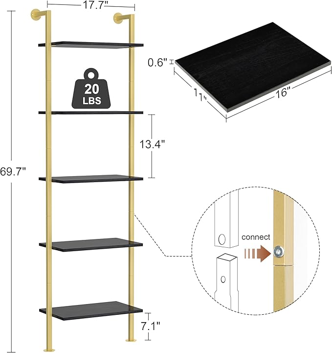 5-Tier Bookshelf Solid Wood Ladder Shelf, Narrow Book Shelf Display Shelf, Wooden Bookcase, Wall Mount Ladder Shelf, Storage Rack for Living Room, Bedroom, Industrial Style, Black&Gold