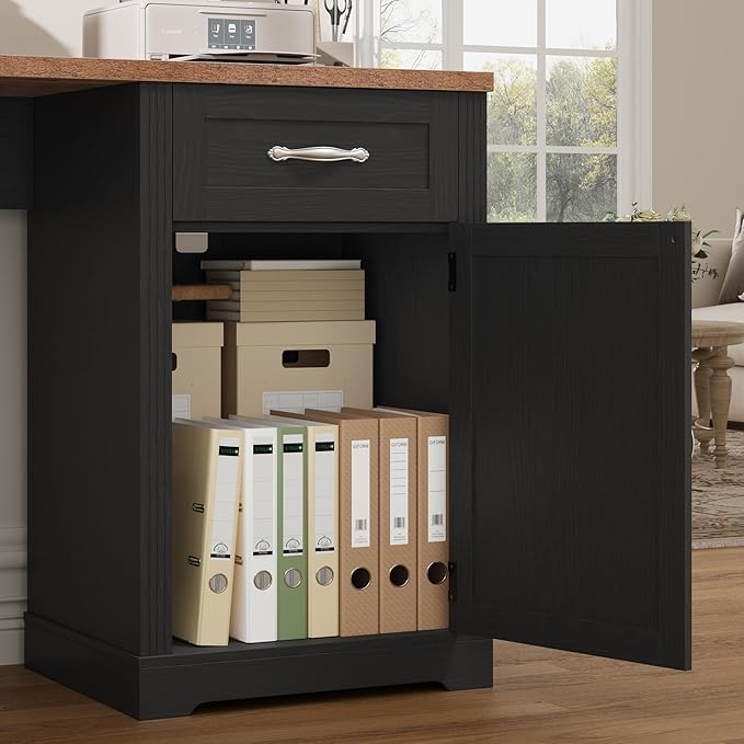 HIFIT Farmhouse Executive L Shaped Desk with Power Outlets, 60" Corner Computer Desk with 3 Storage Drawers & 2 File Cabinets, L Shaped Home Office Desk for Study,Black