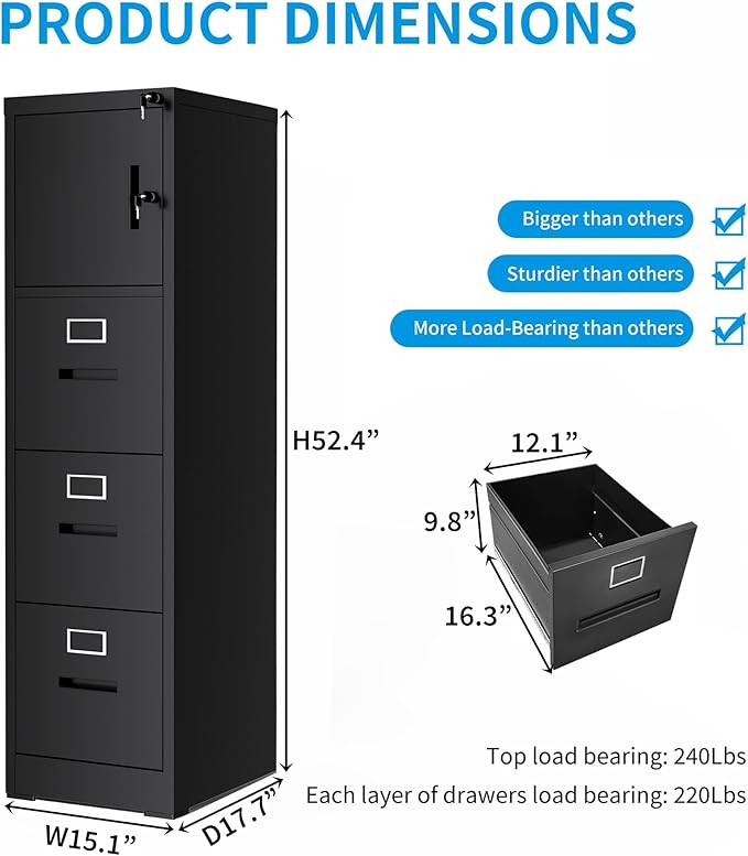 3 Drawer Filing Cabinet with Lock and Card Slot, Vertical Locking File Cabinet with Doors for Home Office, Small Metal File Cabinets for Legal Letter File Folders, Assembly Required