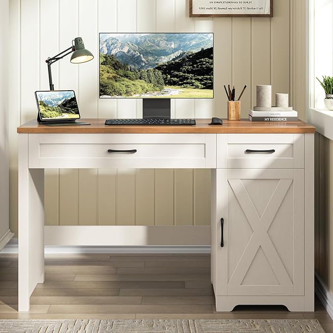 Vabches Farmhouse 47" Executive Desk,Computer Desk with Drawers and Storage Cabinet, Workspace for Home Office and Study