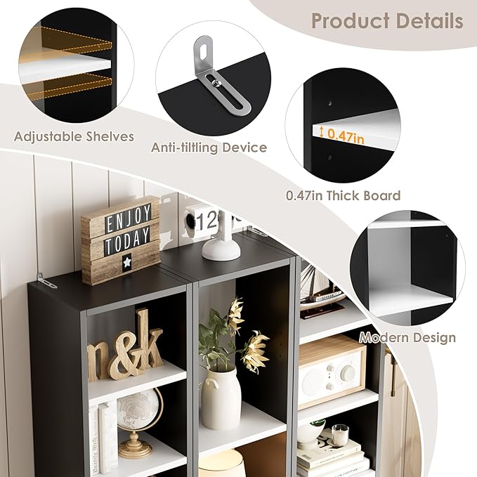 FOTOSOK 2 Pcs 71'' Tall Narrow Bookshelf, 8-Tier Media Tower Rack Set of 2, CD DVD Storage Cabinet with Adjustable Shelves, Tall Narrow Bookcase Skinny Display Bookshelf Slim Shelf, White/Black