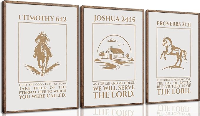XXOUYLQ 3pcs Western Christian Wall Art Inspirational Scriptures Painting Cowboy Christian Posters Motivational Faith Prints War Horse Bible Pictures Golden Sand Canvas Jesus Wall Decor unframe