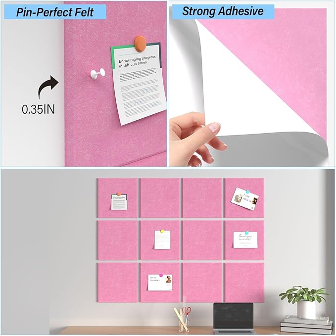 Large Cork Boards for Walls – 48" x 36" Self Adhesive Felt Wall Tiles, Ideal for Office Wall Organizing Bulletin Board, Easy to Install Cork Boards Felt Board