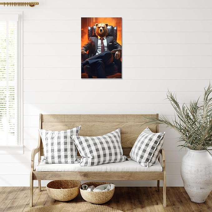 Trendy Suit Animal Bear Portrait Wall Art Funny Boss Bear Canvas Posters Work Struggle Motivation Inspiring Prints Painting For Office Living Room Wall Decor 8x12in Framed