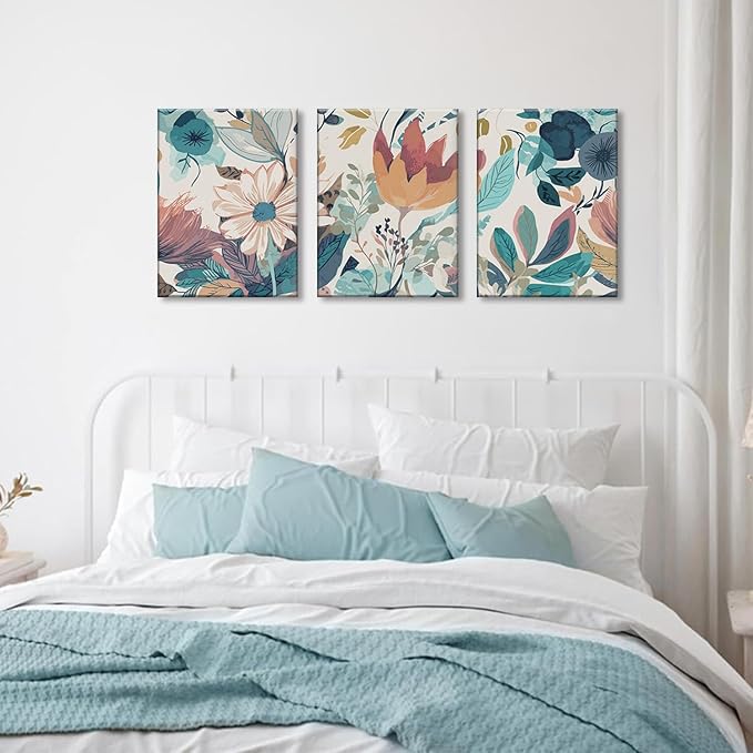 TUEASKY 3 Piece Canvas Wall Art Flower Wall Decor Botanical Pictures Floral Paintings Watercolor Prints Boho Artwork for Bedroom Bathroom Living Room