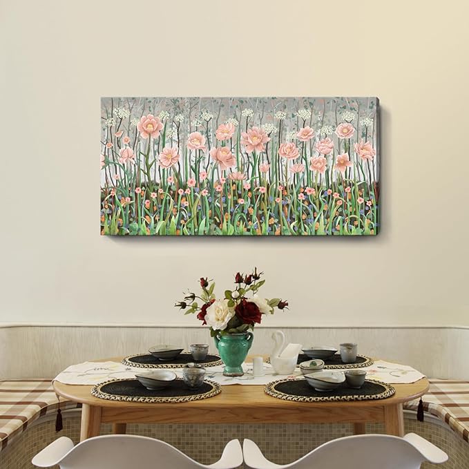 amatop Botanical Wildflower Wall Art, Large Rustic-Inspired Pink and Green Forest Canvas Print – Nature Flower Picture for Living Room, Bedroom & Cabin Home Decor (48x24in)