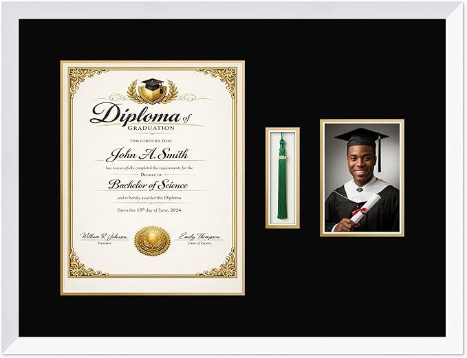 CountryArtHouse Diploma Tassel and Photo Shadowbox Fits 11 x 14 College Diploma (Portrait) with Tassel Hoo Bright White Genuine Hardwood with Black Over Metallic Gold Double mat