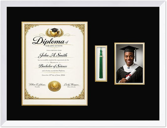 CountryArtHouse Diploma Tassel and Photo Shadowbox Fits 11 x 14 College Diploma (Portrait) with Tassel Hoo Bright White Genuine Hardwood with Black Over Metallic Gold Double mat