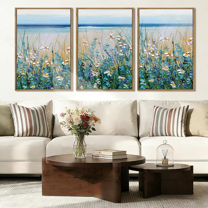 BINCUE Extra Large Blue Flowers Wall Art Framed,Watercolor Wildflowers Artwork,Blue Florals Canvas Wall Art,Flower Sea Artwork Landscape,Blossom Seaside Painting Daisy for Living Room Bedroom 16x24‘’