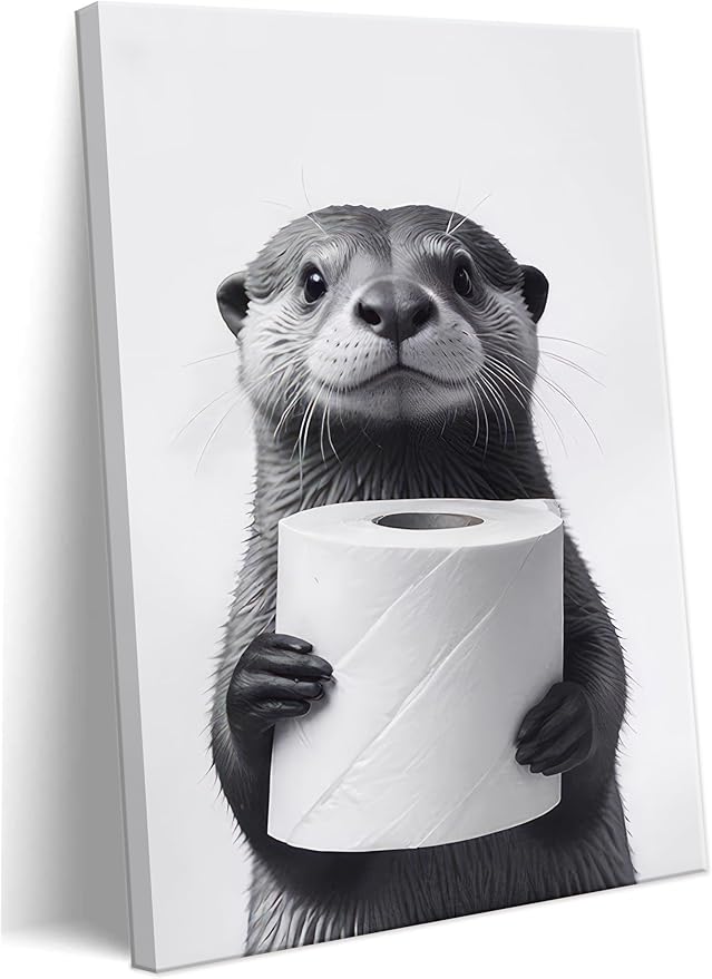 Bathroom Animal Canvas Wall Art Funny Raccoon Wall Decor Black and White Otter Print Picture Farmhouse Bathroom Painting for Restroom Decoration Framed