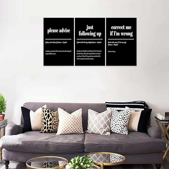3 Piece Inspirational Canvas Wall Art, Quotes "Please Advise - Just Following up - Correct me if I'm Wrong" Motivational Print Pictures Office Decor, Framed Artwork for Home Wall Decor (48"Wx24" H)