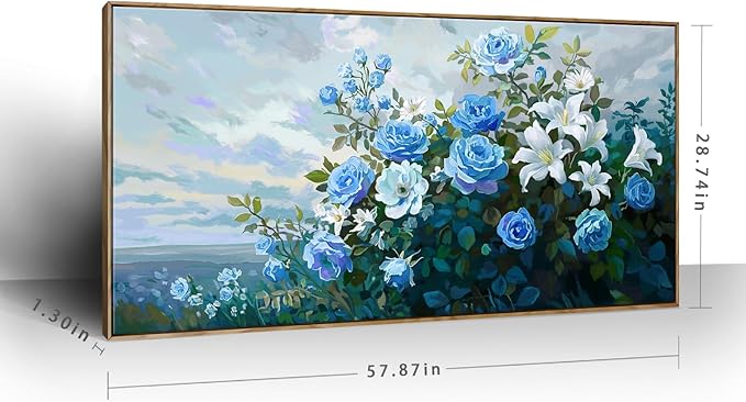 Framed Extra Large Botanical Wall Art – Blue and White Flower Canvas Painting for Living Room Bedroom – Rustic Wood Frame Floral Décor 58x29 Inch