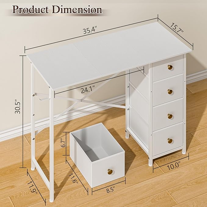 Small White Desk with Drawers for Bedroom, 35.4 Inch Kids Girls Teens Student Writing Desk with Storage, Reversible Study Table, White Computer Desk for Home Office, Makeup Vanity Desk for Small Space
