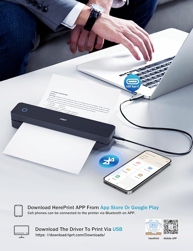 PRT Portable Printer Wireless for Travel, Bluetooth Thermal Printer Support 8.5" X 11" US Letter A4 A5, Compatible with iPhone, Android & Laptop, Inkless for Office, Home, School, Dark