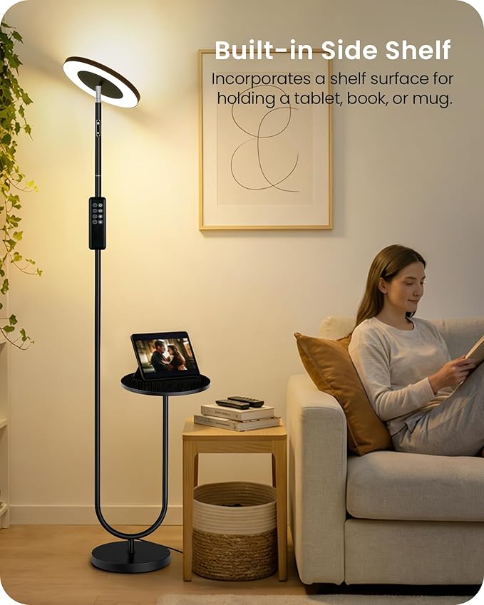 Floor Lamp with Table, Dimmable Standing Light with 3 Temperatures & Remote Control, LED Up and Down Lighting with Tray, Modern Reading Torchiere Corner Lamp for Bedroom Office Black,B24LD05