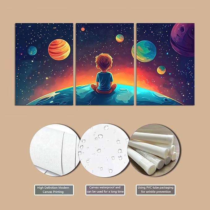 3Pcs Space Boy Wall Art Cute Inspirational Canvas Painting Space Fantasy Wall decor pictures with Planet Pattern posters Prints for Child’s Bedroom Office and Home Decoration Unframed 16x24in posters