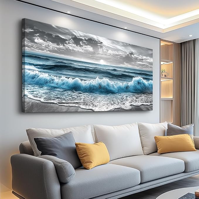 ZUITINGHUA Large Wall Decor For Living Room Canvas Wall Art For Office Modern Wall Decorations For Bedroom Sea Wave Landscape Painting Black And White Pictures Artwork Room Home Decor 24x48 In