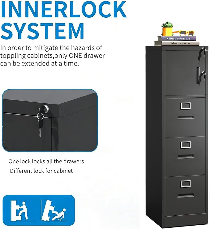 3 Drawer Filing Cabinet with Lock and Card Slot, Vertical Locking File Cabinet with Doors for Home Office, Small Metal File Cabinets for Legal Letter File Folders, Assembly Required
