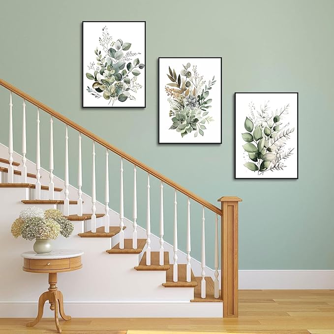 Bwodke Botanical Wall Art Plant Floral Watercolor Canvas Prints Set of 3 Framed Sage Green Painting Eucalyptus Leaf Picture Modern Minimalist Boho Decor Bedroom Bathroom Living Room 16"x24"