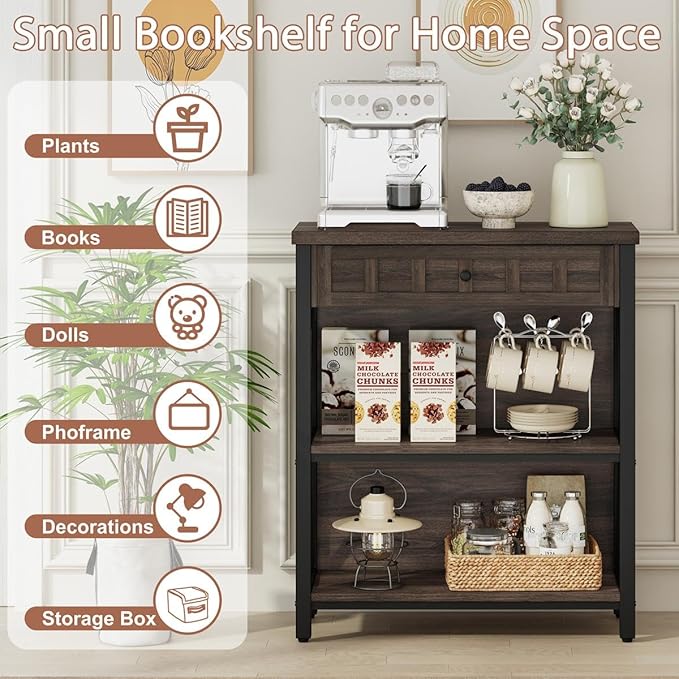 FATORRI Small Bookcase with Drawer, Industrial 3 Shelf Bookshelf, Wood and Metal Book Shelf, Short Book Shelves and Low Book case for Small Space (Dark Walnut)