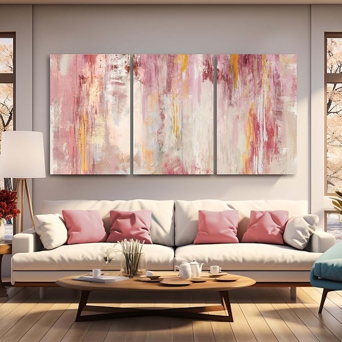 Kureful Large Pink Wall Art Gold Bedroom Decor for Teens Abstract Wall Art for Living Room Canvas Wall Paintings Gold Artwork Pictures for Wall 24"x 36"x 3 Panel