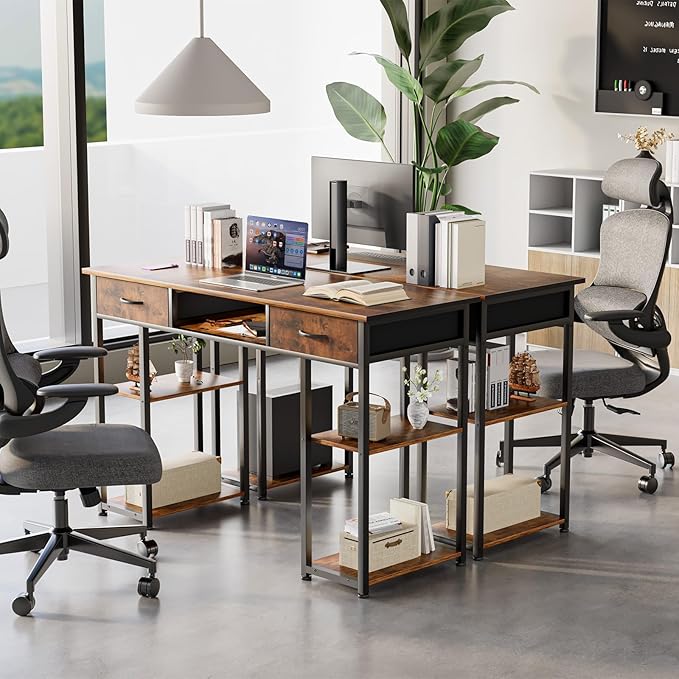DUMOS 48" Small Computer Home Office Desk for Bedroom with Drawers, Gaming Writing Study Table with Storage Shelf, Adjustable Feet, Metal Frame Rustic Brown