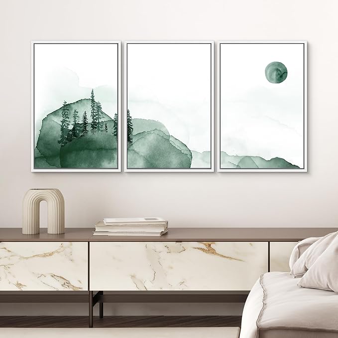 SIGNWIN 3 Piece Framed Canvas Wall Art Green Watercolor Landscape with Moon Nature Wilderness Illustrations Abstract Traditional Home Artwork Decoration for Living Room,Bedroom - 16"x24"x3 White
