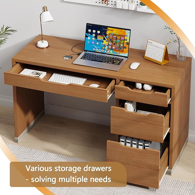 Small Desk with Drawers, 52 Inch Computer Desk with Storage, Home Office Desk with Filing Drawer for Bedroom, Brown