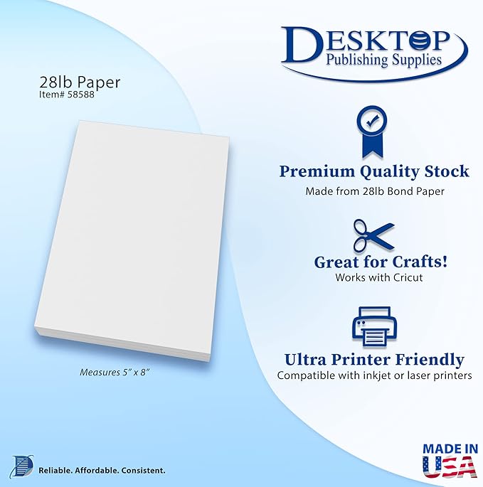 Bright White Blank 5x8 Paper - Premium Feel 70lb Text - 100 Pack