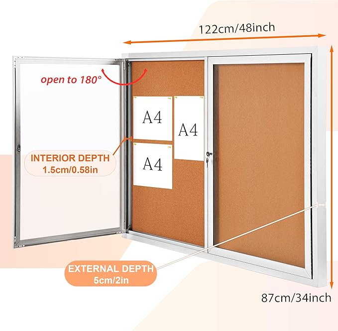 Outdoor Bulletin Board Weatherproof 48x34 in,Enclosed Bulletin Board with Locking Door, Wall Display Case for Office School Home Commercial, Silver Aluminum Frame, Cork