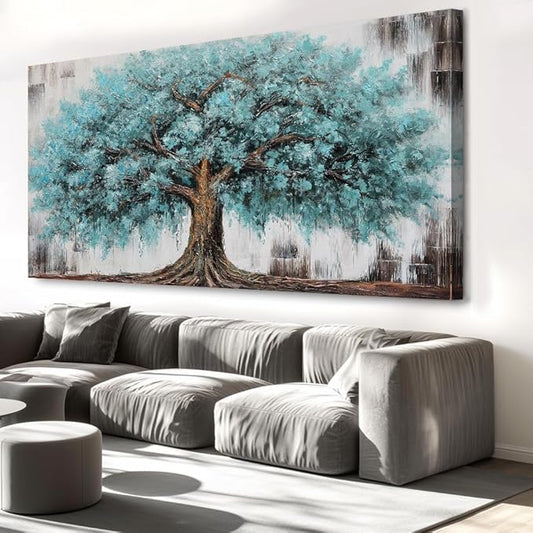 liysawg Wall Art Tree of Life Abstract Modern Artwork Blue Teal Tree Canvas Painting for Bedroom Living Room Office Large Decor 71"x36"