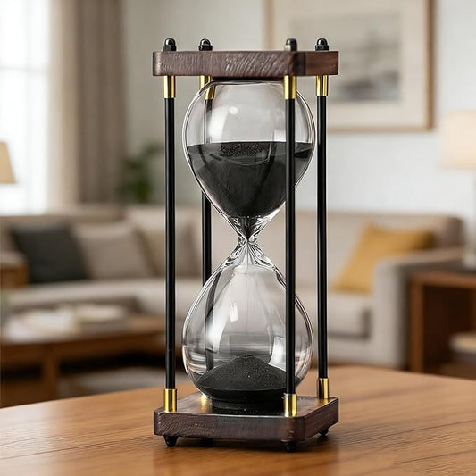 Large Hour Glass Sand Timer - 60 Minute Vintage Sand Clock with Wooden Frame, Hourglass Timer Decor for Office Desk, Kitchen & Mindfulness (Black)