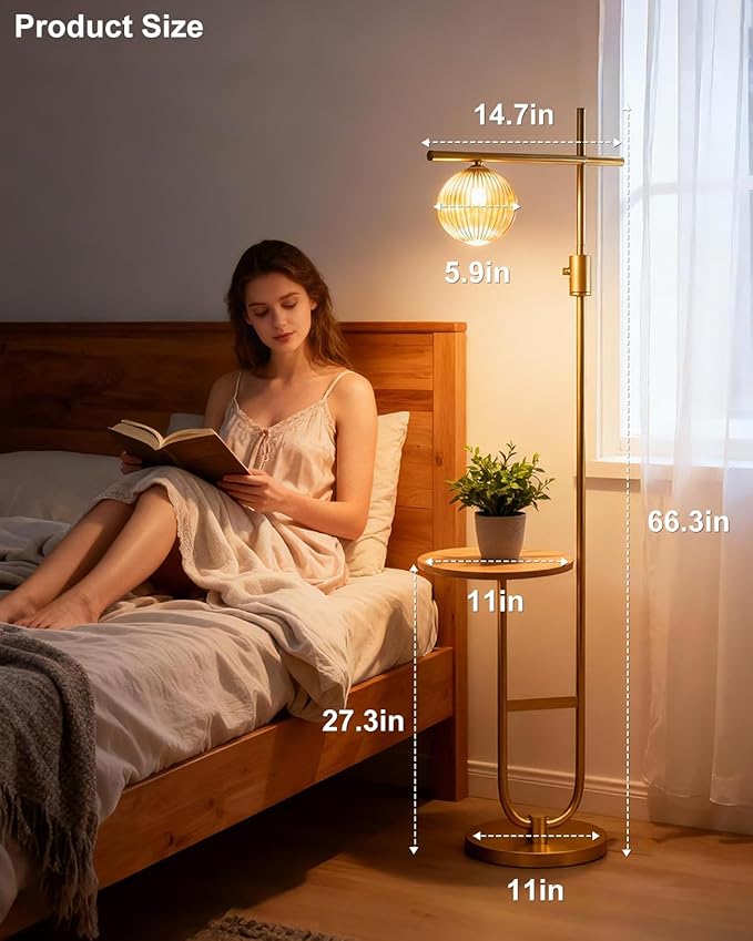 Lightdot 66IN Gold Dimmable Floor Lamps with Table, Modern Standing Tall Lamp with Brown Globe Glass Shade, Cross-Shaped Head and U-Pole Base for Living Room/Sofa Beside/Corner Decor(Bulb Included)