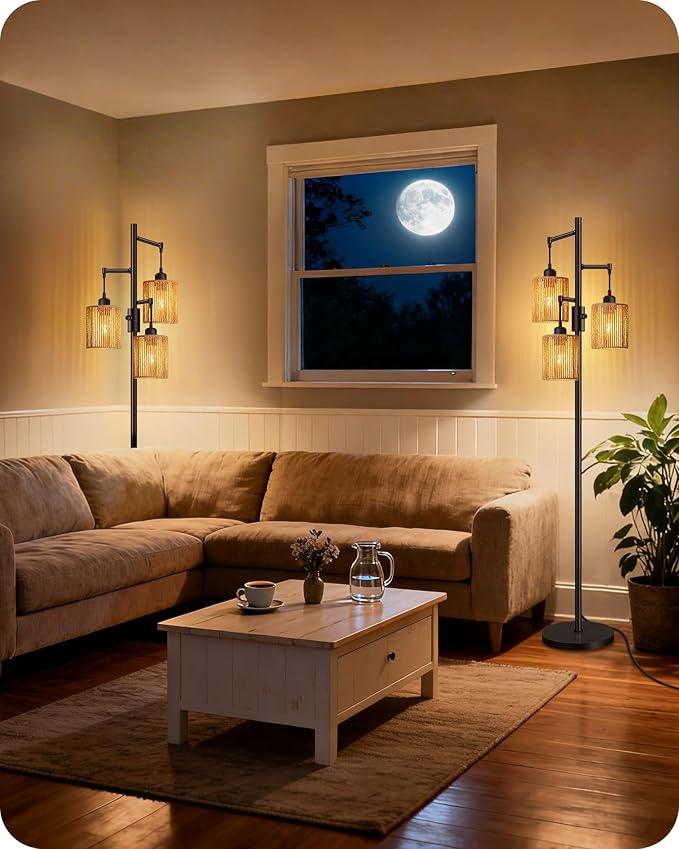 Dimmable Floor Lamp, Farmhouse Tall Standing 70.3" Tree Lamp with 3 Rope Woven Lampshades, Boho Rattan Floor Lights, 4W 3 LED Bulbs Included, for Living Room, Bedroom, Study, Office AB03LD05