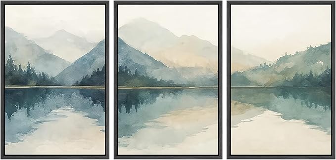 SIGNWIN Framed Canvas Print Wall Art Set Calm Lake Reflection Watercolor Mountain and Water Illustrations Modern Art Decorative Abstract for Living Room, Bedroom, Office - 16"x24"x3 Black