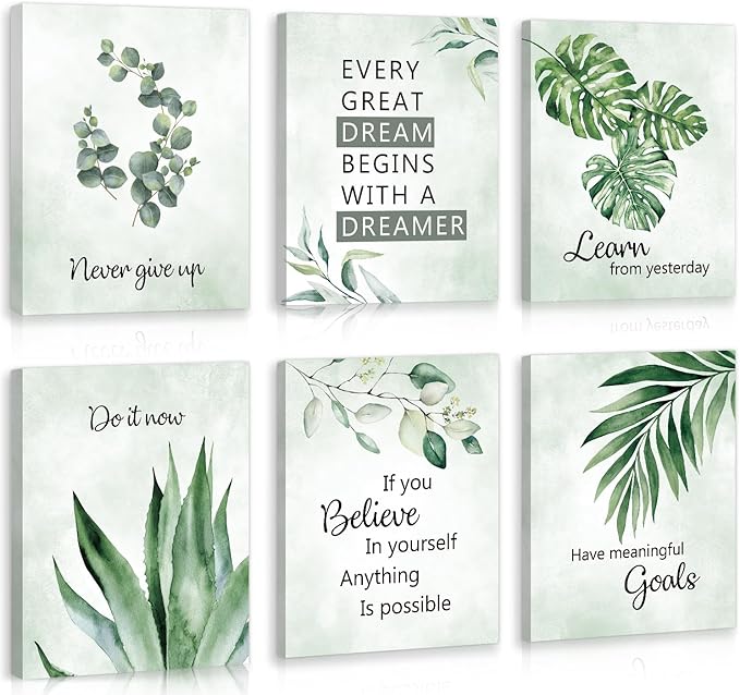 CHDITB Inspirational Plant Art Office Decor, Positive Affirmations Wall Decor, Botanical Canvas Motivational Framed Wall Art,Set Of 6(8x10 Inch) Eucalyptus Leaves Sage Poster For Classroom Home Decor