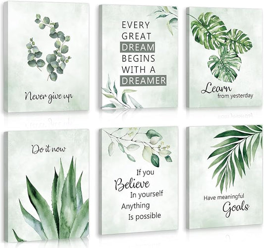 CHDITB Inspirational Plant Art Office Decor, Positive Affirmations Wall Decor, Botanical Canvas Motivational Framed Wall Art,Set Of 6(8x10 Inch) Eucalyptus Leaves Sage Poster For Classroom Home Decor