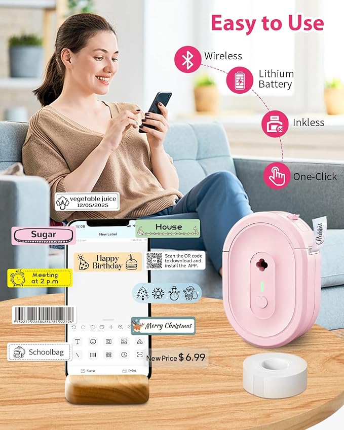 Label Maker Machine with Tape, N12 Portable Bluetooth Label Printer, Wireless Mini Label Makers Thermal Sticker with Multiple Templates for Home, Kitchen, School, Office Organization, Pink